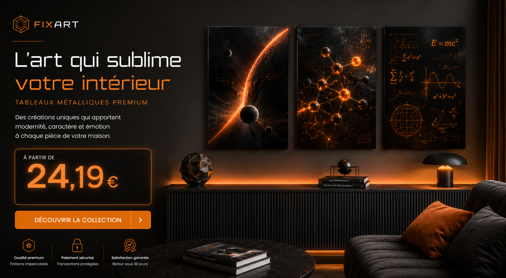 Bannière promotionnelle FixArt avec tableaux métalliques à 24,19€